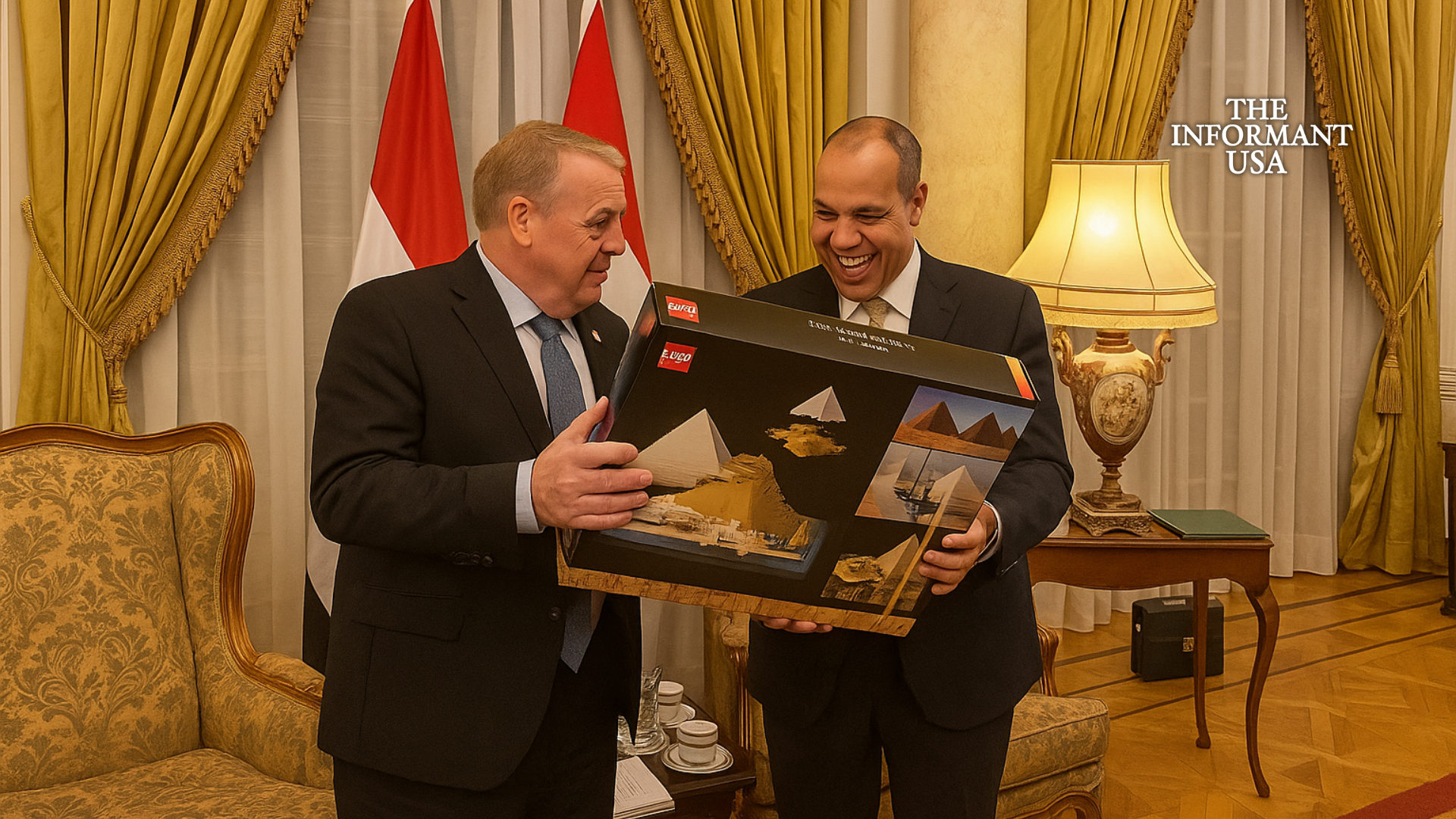 EGYPTIAN FOREIGN MINISTER RECEIVES LEGO PYRAMID SET FROM DANISH COUNTERPART