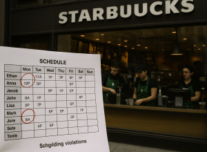 NYC Starbucks with employees visible through window;
Foreground: printed schedule sheet with red circles marking violations.
Reuters/AP tone.