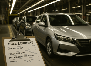 Automobile assembly line with vehicles being tested for fuel efficiency;
Foreground: regulatory documents on a clipboard.
Reuters/AP tone.